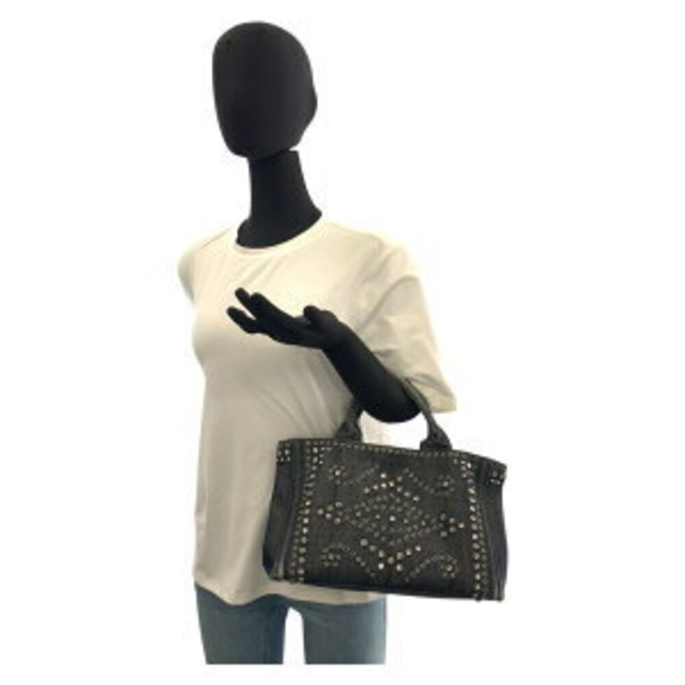 Prada shoulder Canapa denim plate tote beaded Blue triangular Navy logo bag - Picture 7 of 10